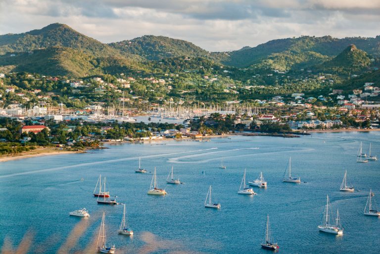 sailing yachts and motor vessels anchoring in Rodney Bay on caribbean tropic island of St.Lucia, windward Islands, West Indies